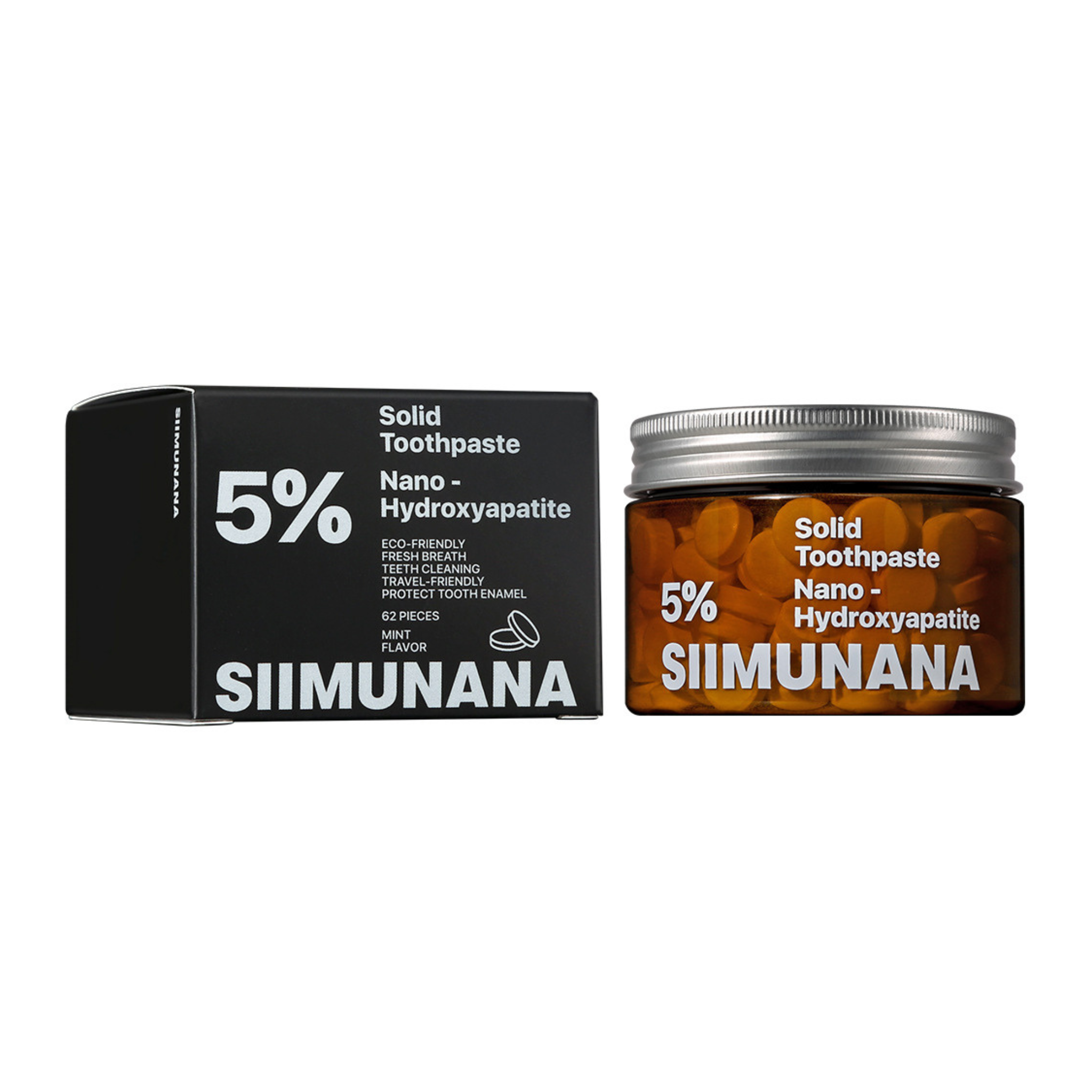 Siimunana Dental™ Tabletas Dentales Blanqueadoras elimina manchas sonrisa más blanca desde los primeros cepillados con remineralización activa sin flúor.