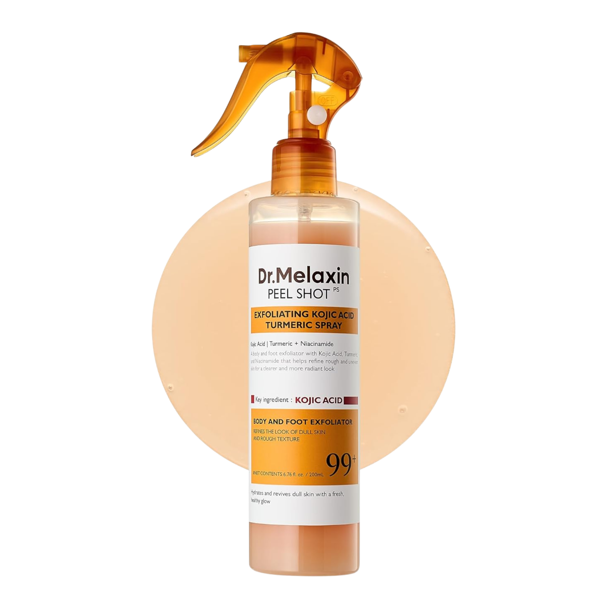 PeelShot™ Spray renovador corporal reduce manchas y asperezas piel clara y uniforme progresivamente con cúrcuma antioxidante sin irritación fuerte.