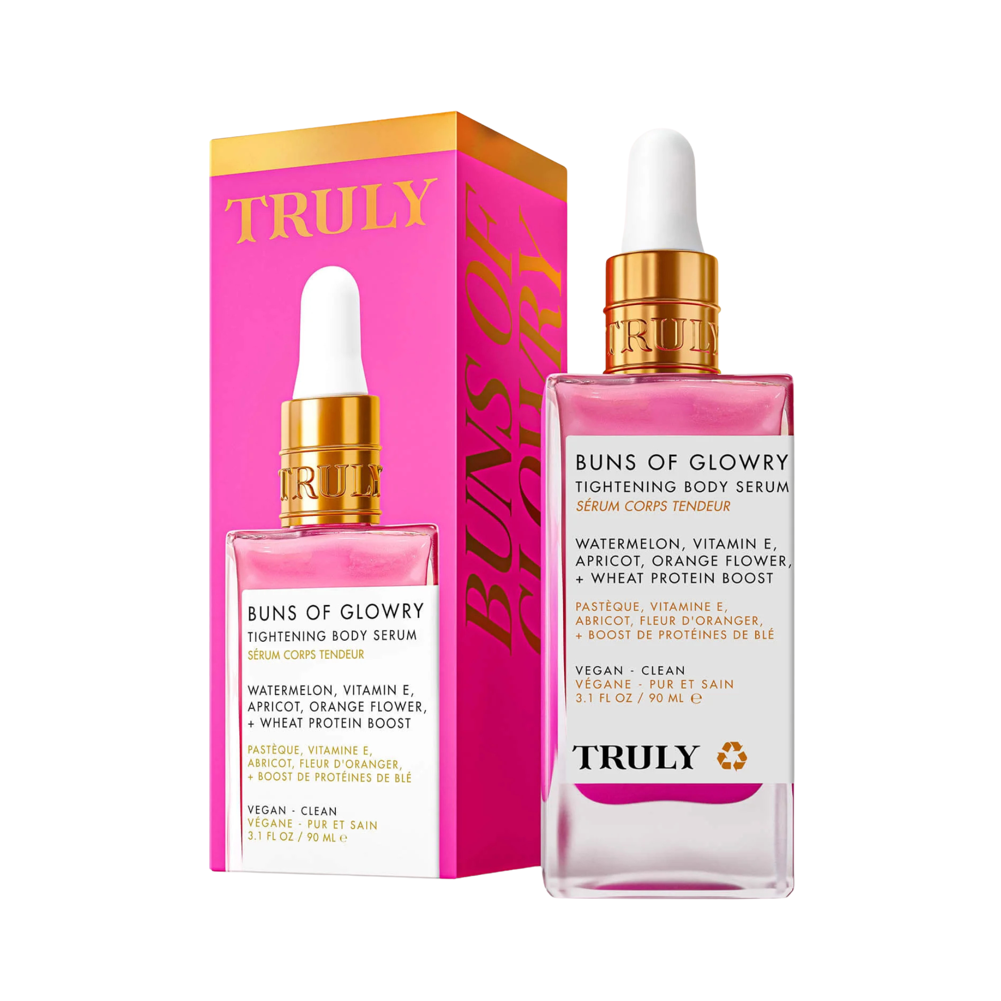 Truly Buns Glowry™ Sérum reafirmante tensora corporal combate flacidez y deja piel luminosa.